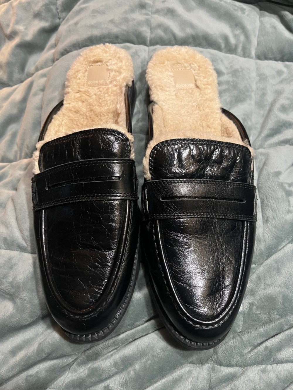 Black Leather Shearling-Lined Faux Fur Men's Slip-On Loafers (SZ. 12)